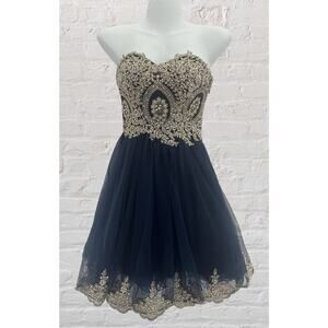 ARIA Couture Navy & Gold Bead Prom Event Dress Formal HOCO Sz XS 0 Balletcore